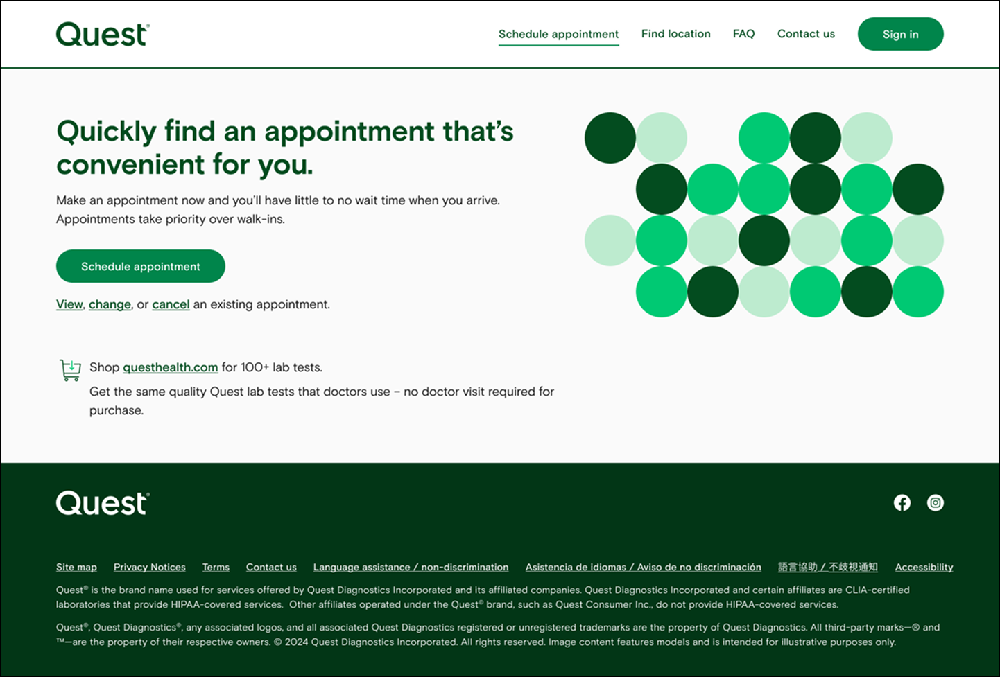 Screenshot of Quest Diagnostics Appointment Scheduler website